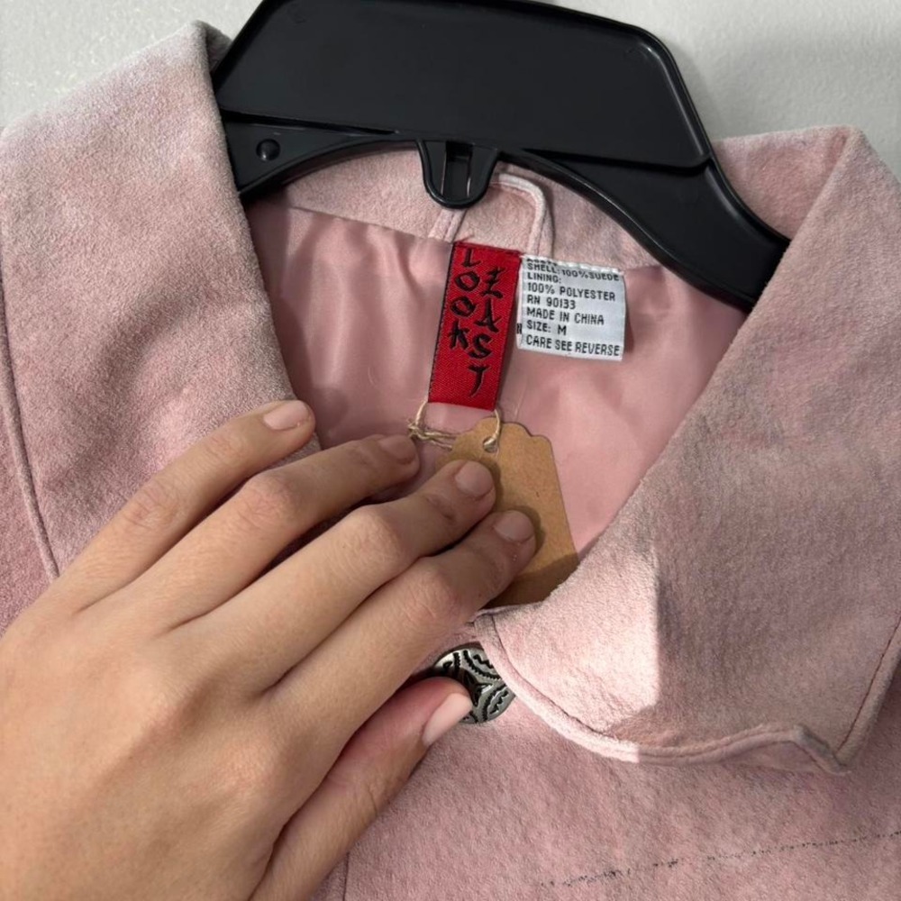 Vintage Ethereal Pastel Pink Painted Geisha Retro Indie Midi Suede Jacket Large - Picture 9 of 14